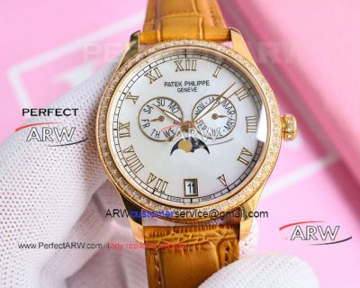 Best replica Patek Philippe mother-of-pearl dial gold diamond bezel leather strap watch 